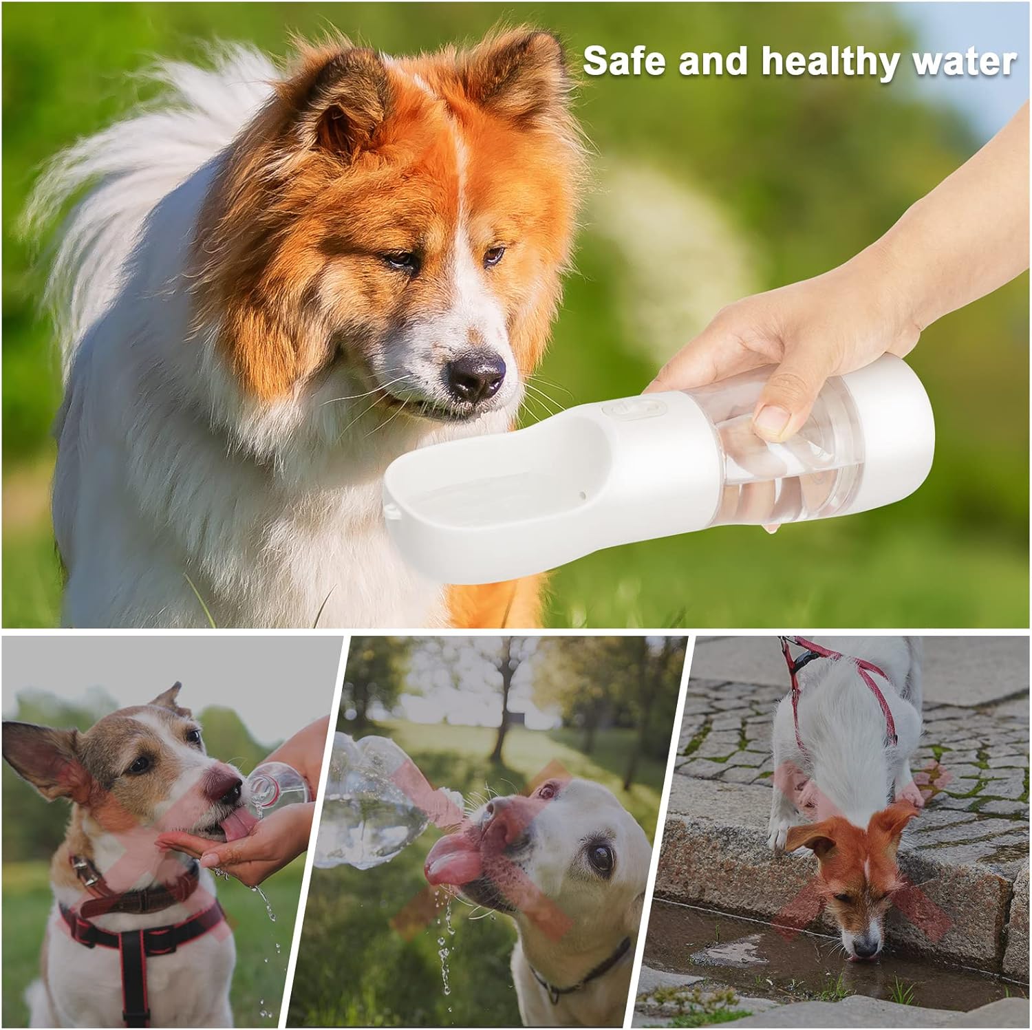 Portable Dog Water and Food Dispenser - dog drinking clean water vs dirty spots.