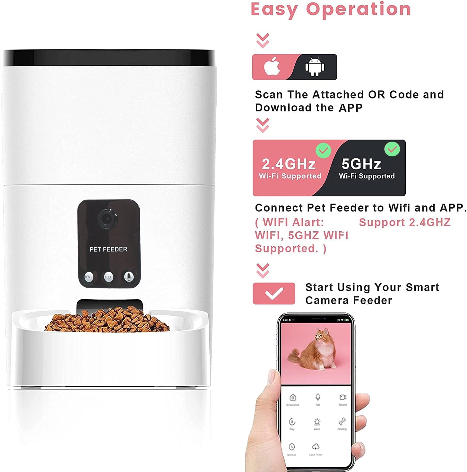 Smart Pet Feeder with 1080P night vision for cats and dogs
