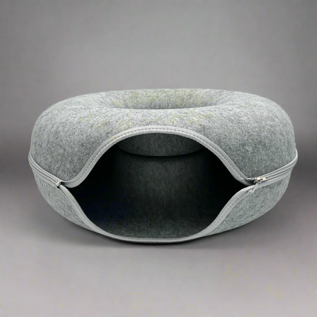 Donut Tunnel Cat Bed in gray - cozy felt hideaway and play tunnel front view.