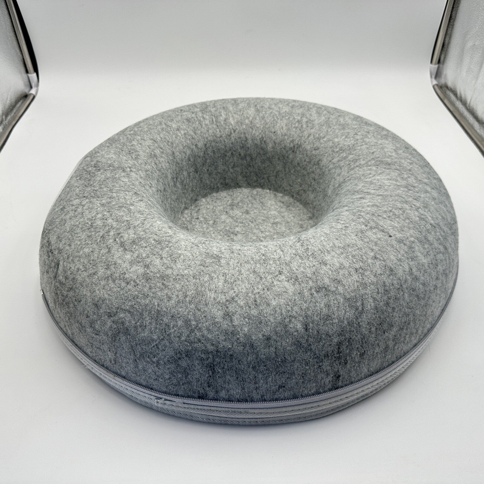 Donut Tunnel Cat Bed in gray - cozy felt hideaway and play tunnel front view.
